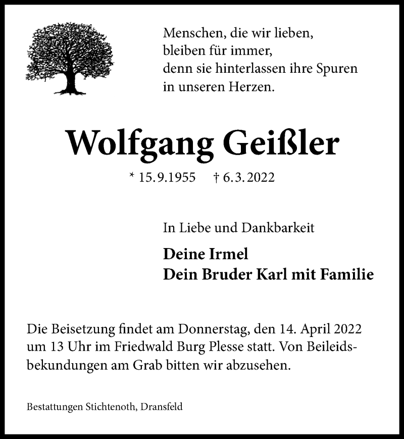 Traueranzeigen von Wolfgang Geißler | trauer-anzeigen.de