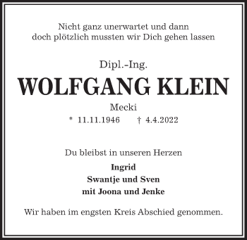 Traueranzeige von Wolfgang Klein von Kieler Nachrichten