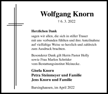 Traueranzeige von Wolfgang Knorn von Hannoversche Allgemeine Zeitung/Neue Presse