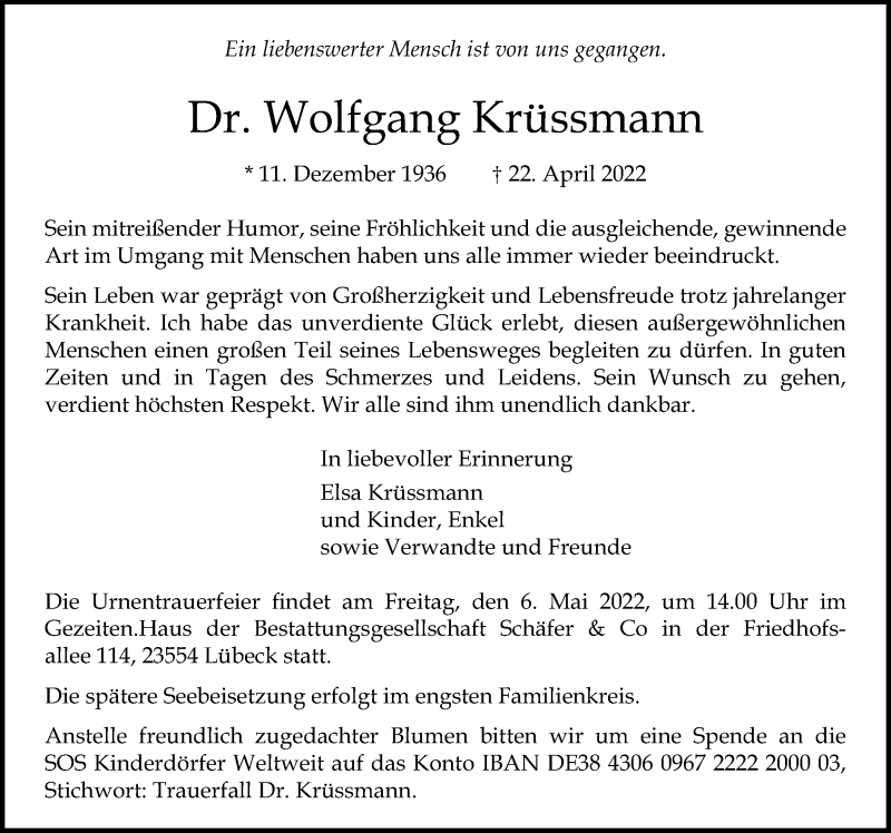  Traueranzeige für Wolfgang Krüssmann vom 30.04.2022 aus Lübecker Nachrichten