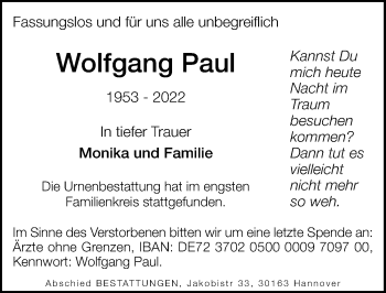 Traueranzeige von Wolfgang Paul von Hannoversche Allgemeine Zeitung/Neue Presse