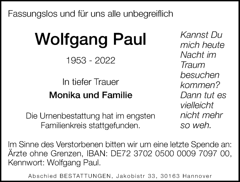  Traueranzeige für Wolfgang Paul vom 30.04.2022 aus Hannoversche Allgemeine Zeitung/Neue Presse