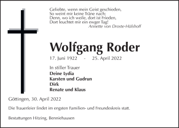Traueranzeige von Wolfgang Roder von Göttinger Tageblatt