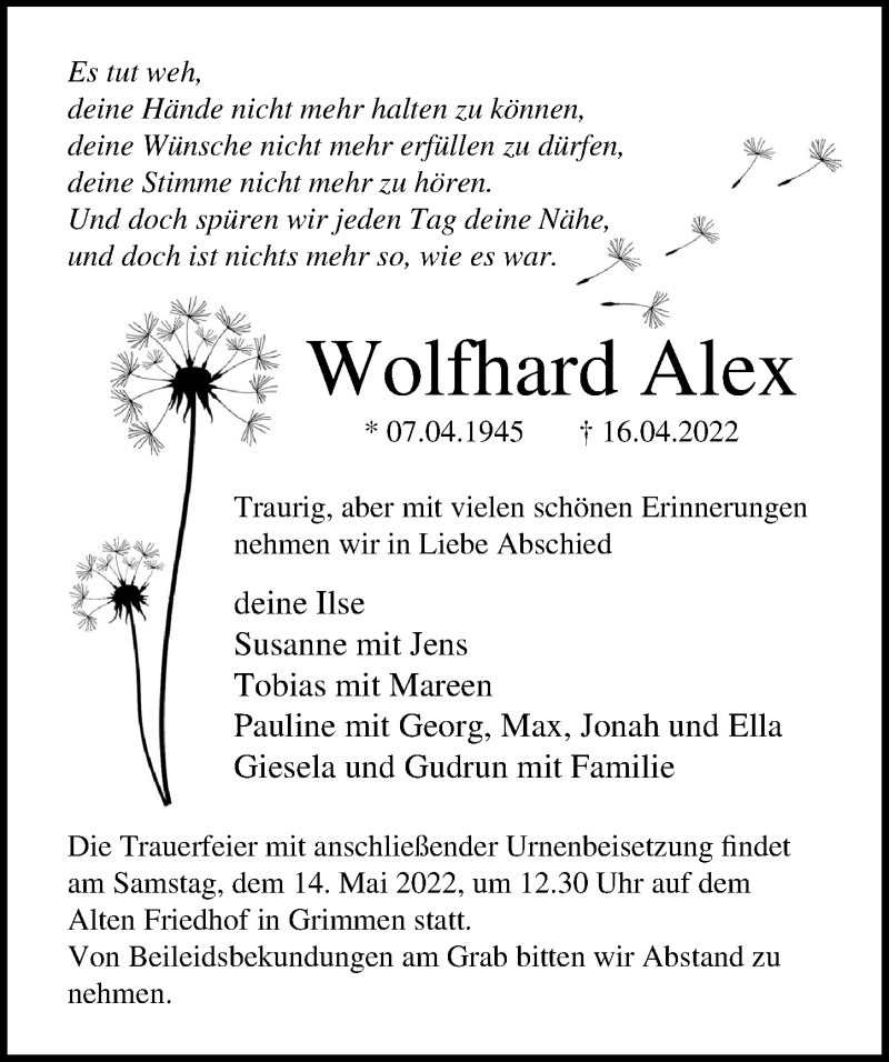  Traueranzeige für Wolfhard Alex vom 30.04.2022 aus Ostsee-Zeitung GmbH
