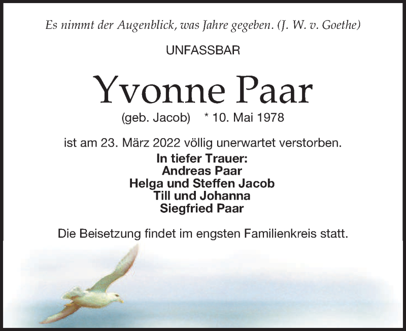  Traueranzeige für Yvonne Paar vom 09.04.2022 aus Leipziger Volkszeitung