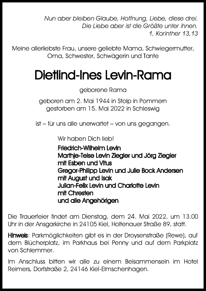  Traueranzeige für Dietlind-Ines Levin-Rama vom 21.05.2022 aus 