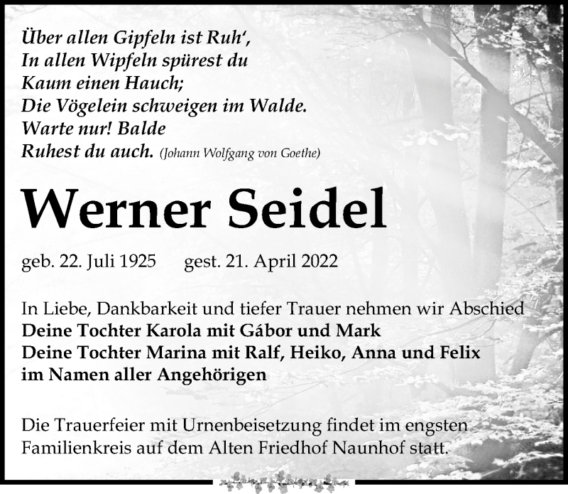  Traueranzeige für Werner Seidel vom 30.04.2022 aus 