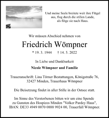 Traueranzeige von Friedrich Wömpner von Schaumburger Nachrichten