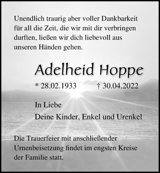 Traueranzeige von Adelheid Hoppe von Ostsee-Zeitung GmbH