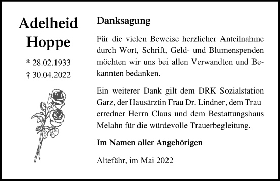 Traueranzeige von Adelheid Hoppe von Ostsee-Zeitung GmbH