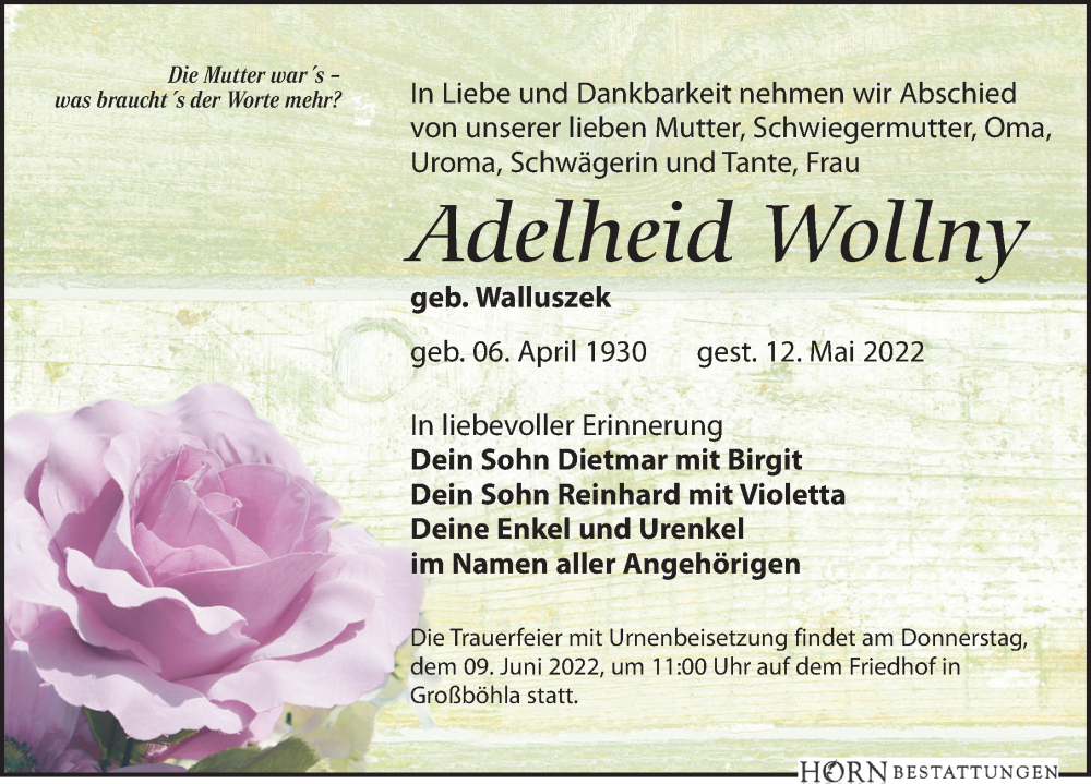  Traueranzeige für Adelheid Wollny vom 21.05.2022 aus Leipziger Volkszeitung