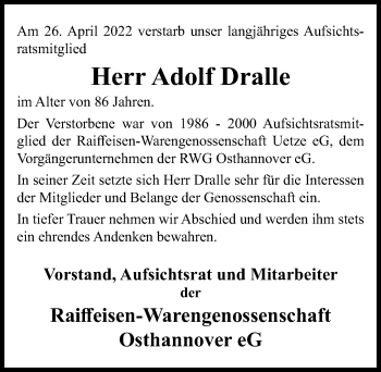 Traueranzeige von Adolf Dralle von Hannoversche Allgemeine Zeitung/Neue Presse