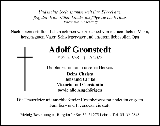 Traueranzeige von Adolf Gronstedt von Hannoversche Allgemeine Zeitung/Neue Presse