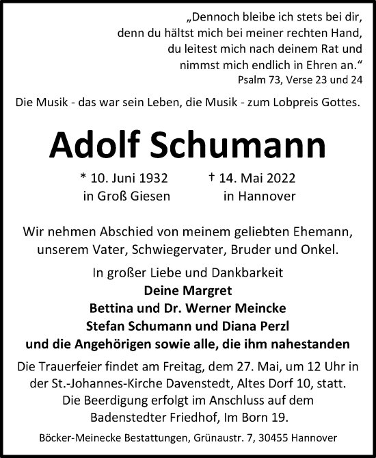 Traueranzeige von Adolf Schumann von Hannoversche Allgemeine Zeitung/Neue Presse