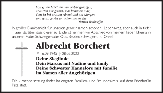 Traueranzeige von Albrecht Borchert von Märkischen Allgemeine Zeitung