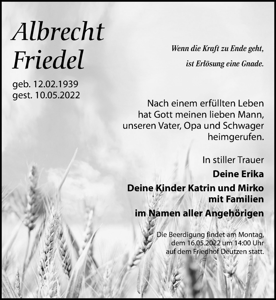  Traueranzeige für Albrecht Friedel vom 13.05.2022 aus Leipziger Volkszeitung
