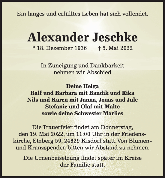 Traueranzeige von Alexander Jeschke von Kieler Nachrichten