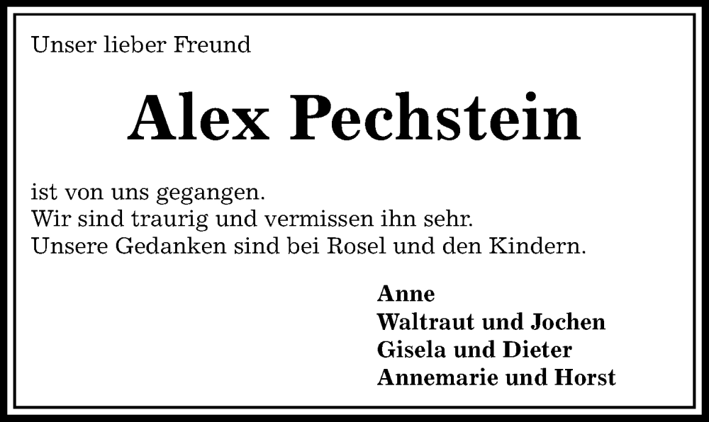  Traueranzeige für Alexander Pechstein vom 18.05.2022 aus Kieler Nachrichten