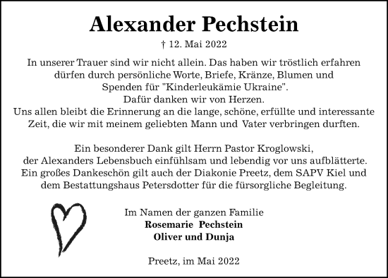 Traueranzeige von Alexander Pechstein von Kieler Nachrichten