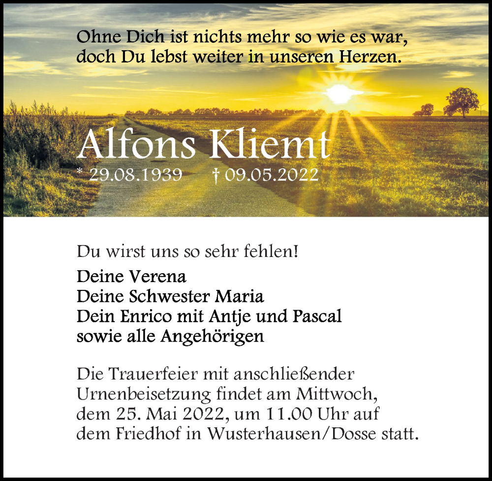  Traueranzeige für Alfons Kliemt vom 14.05.2022 aus Märkischen Allgemeine Zeitung