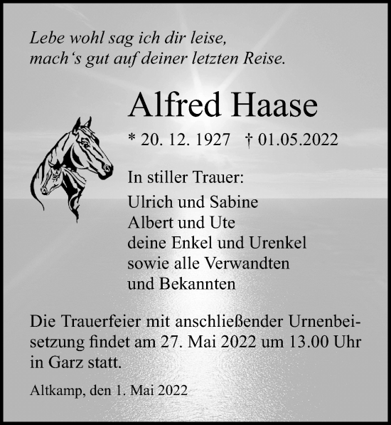 Traueranzeige von Alfred Haase von Ostsee-Zeitung GmbH