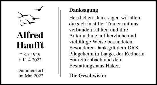 Traueranzeige von Alfred Haufft von Ostsee-Zeitung GmbH