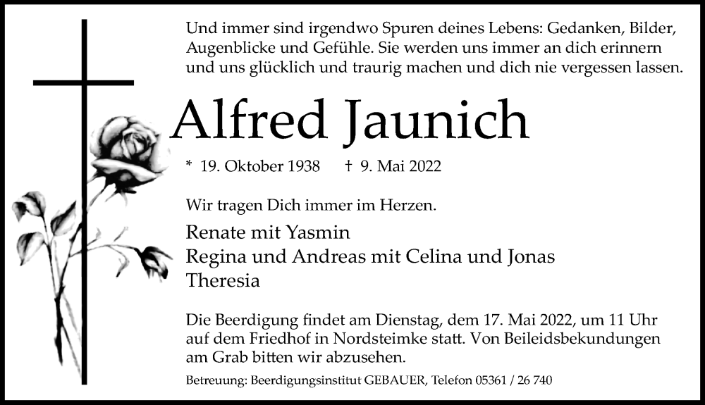  Traueranzeige für Alfred Jaunich vom 14.05.2022 aus Aller Zeitung