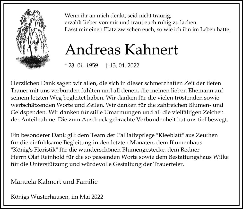 Traueranzeige für Andreas Kahnert vom 21.05.2022 aus Märkischen Allgemeine Zeitung
