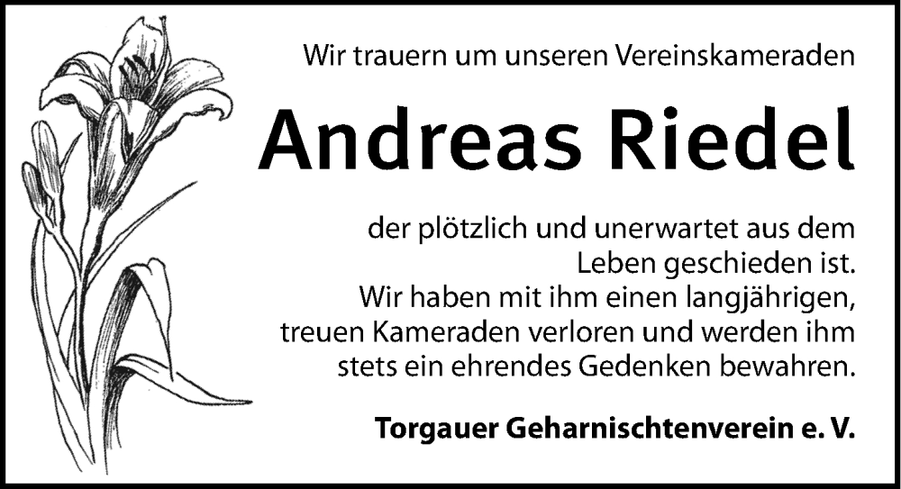  Traueranzeige für Andreas Riedel vom 28.05.2022 aus Torgauer Zeitung