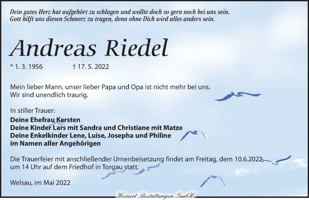  Traueranzeige für Andreas Riedel vom 28.05.2022 aus Torgauer Zeitung