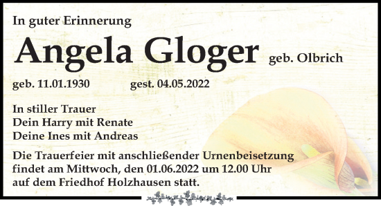 Traueranzeige von Angela Gloger von Leipziger Volkszeitung