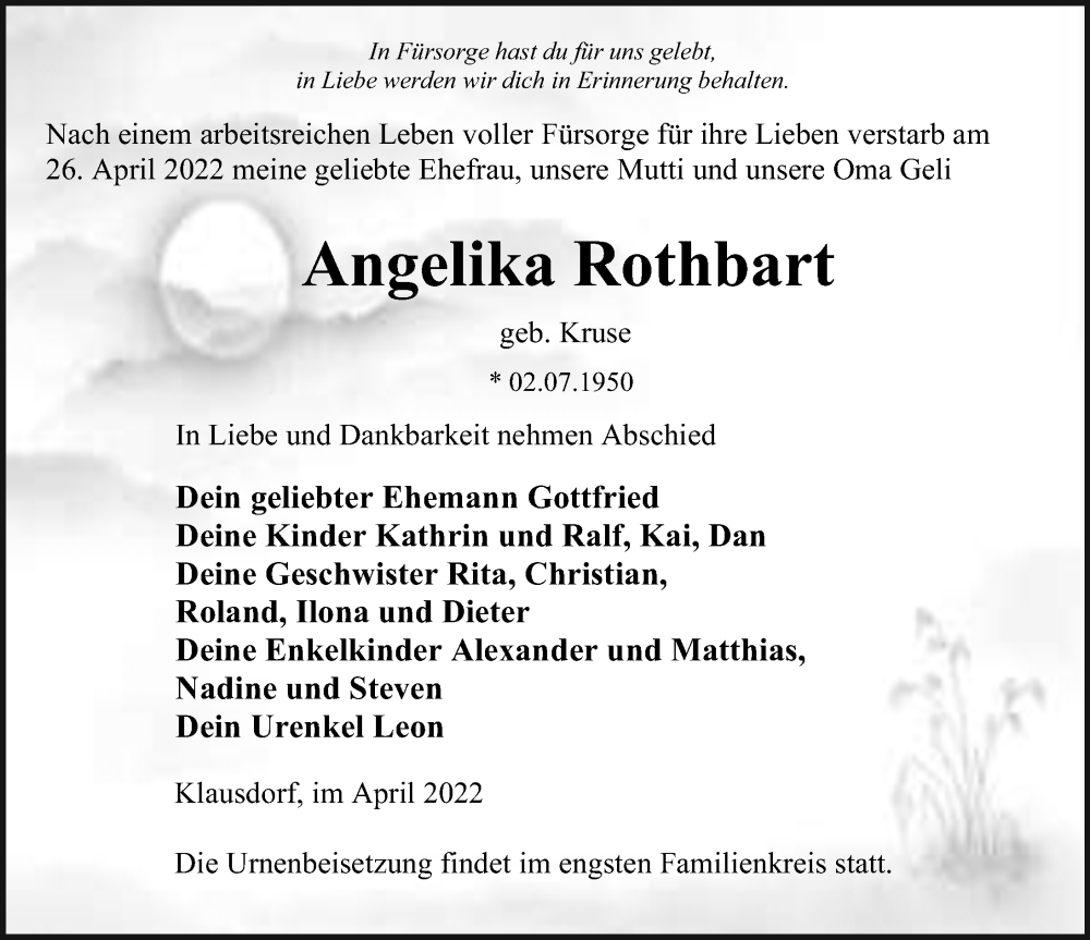  Traueranzeige für Angelika Rothbart vom 07.05.2022 aus Ostsee-Zeitung GmbH