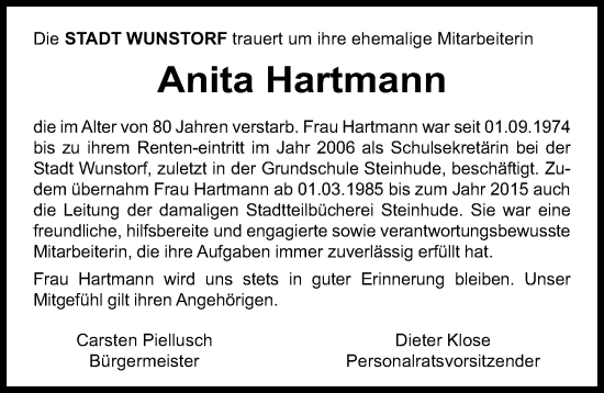 Traueranzeige von Anita Hartmann von Hannoversche Allgemeine Zeitung/Neue Presse