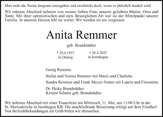 Traueranzeige von Anita Remmer von Hannoversche Allgemeine Zeitung/Neue Presse