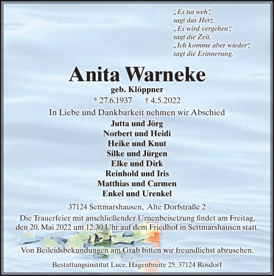 Traueranzeige von Anita Warneke von Göttinger Tageblatt