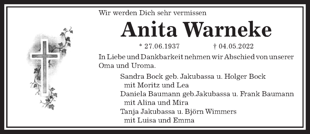  Traueranzeige für Anita Warneke vom 14.05.2022 aus Göttinger Tageblatt