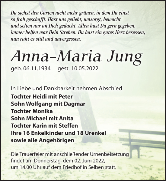 Traueranzeige von Anna-Maria Jung von Leipziger Volkszeitung