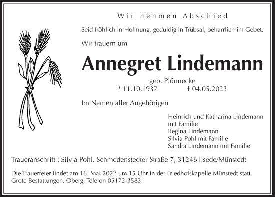 Traueranzeige von Annegret Lindemann von Peiner Allgemeine Zeitung