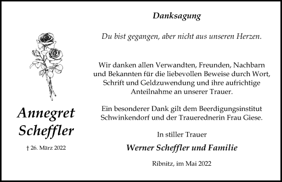 Traueranzeige von Annegret Scheffler von Ostsee-Zeitung GmbH