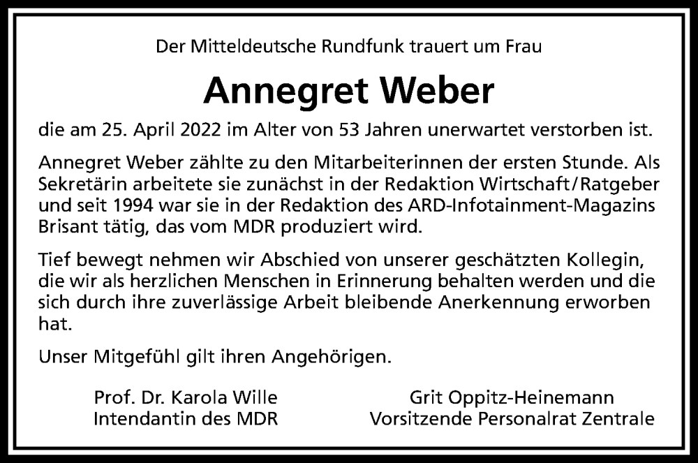  Traueranzeige für Annegret Weber vom 14.05.2022 aus Leipziger Volkszeitung