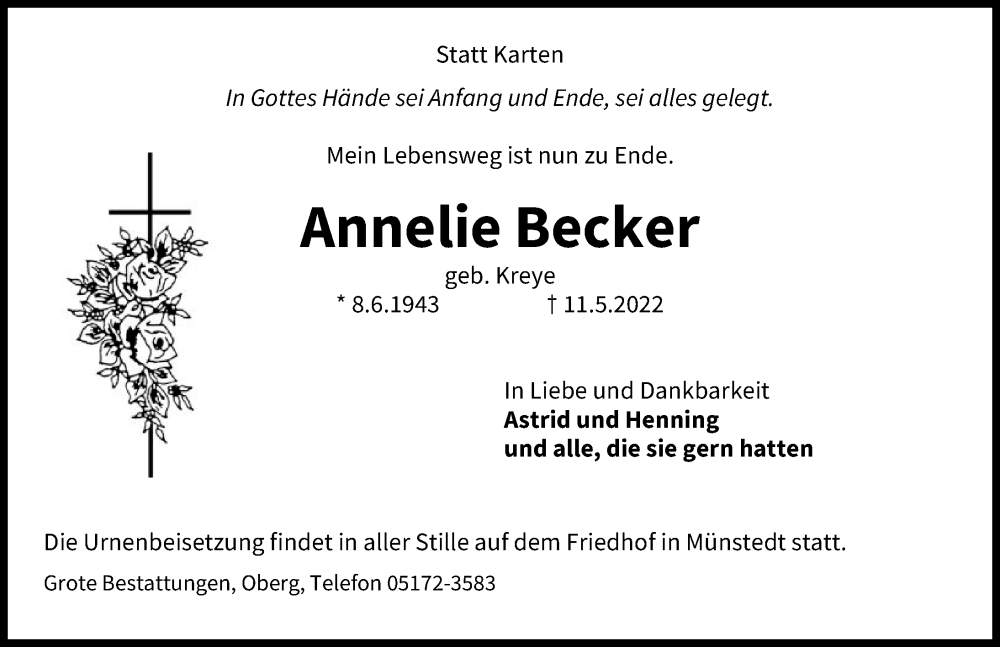  Traueranzeige für Annelie Becker vom 14.05.2022 aus Peiner Allgemeine Zeitung