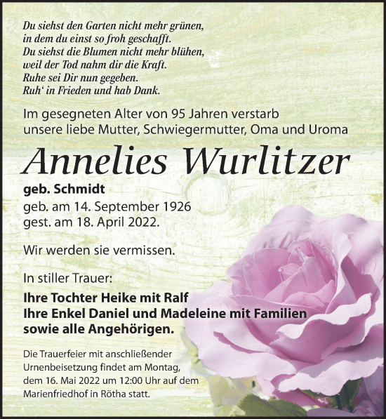 Traueranzeige von Annelies Wurlitzer von Leipziger Volkszeitung