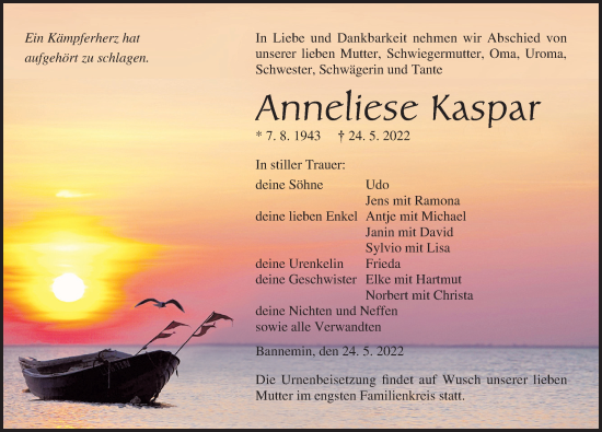 Traueranzeige von Anneliese Kaspar von Ostsee-Zeitung GmbH