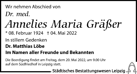 Traueranzeige von Annelies Maria Gräßer von Leipziger Volkszeitung