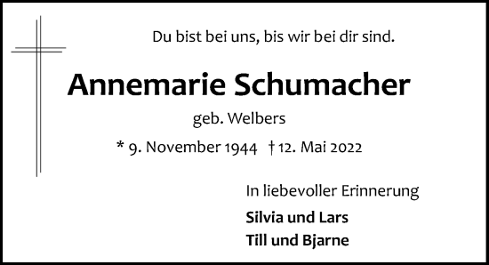 Traueranzeige von Annemarie Schumacher von Lübecker Nachrichten