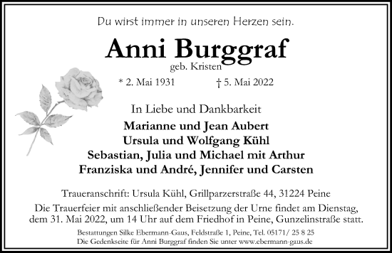 Traueranzeige von Anni Burggraf von Peiner Allgemeine Zeitung