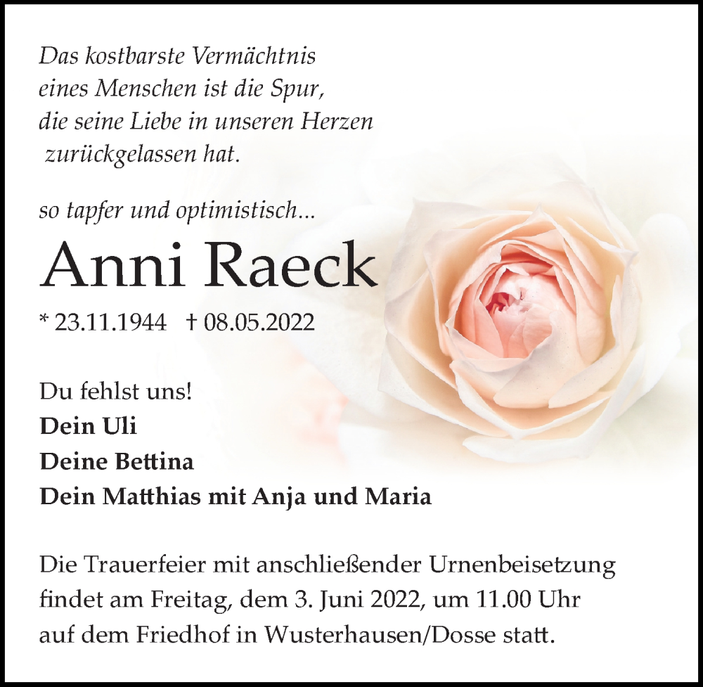  Traueranzeige für Anni Raeck vom 14.05.2022 aus Märkischen Allgemeine Zeitung