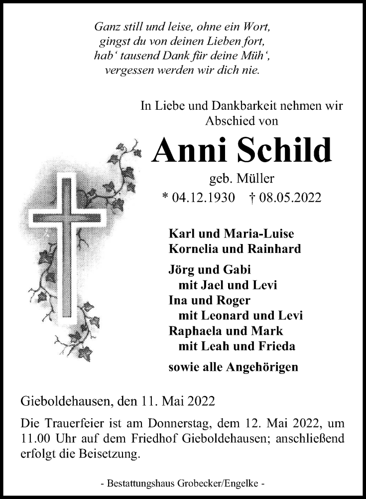  Traueranzeige für Anni Schild vom 11.05.2022 aus Göttinger Tageblatt