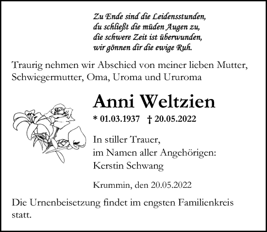 Traueranzeige von Anni Weltzien von Ostsee-Zeitung GmbH