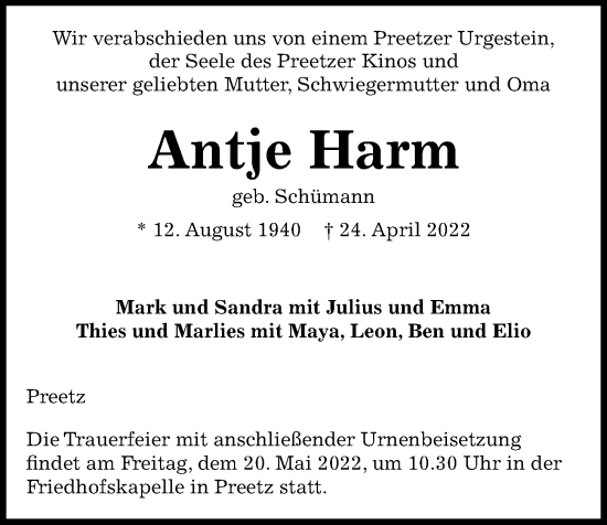 Traueranzeige von Antje Harm von Kieler Nachrichten